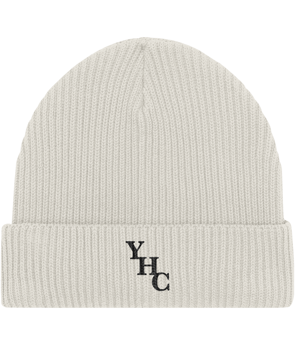 Raw Yorkshire Heart Clothing cotton ribbed beanie with true-black embroidered monogram