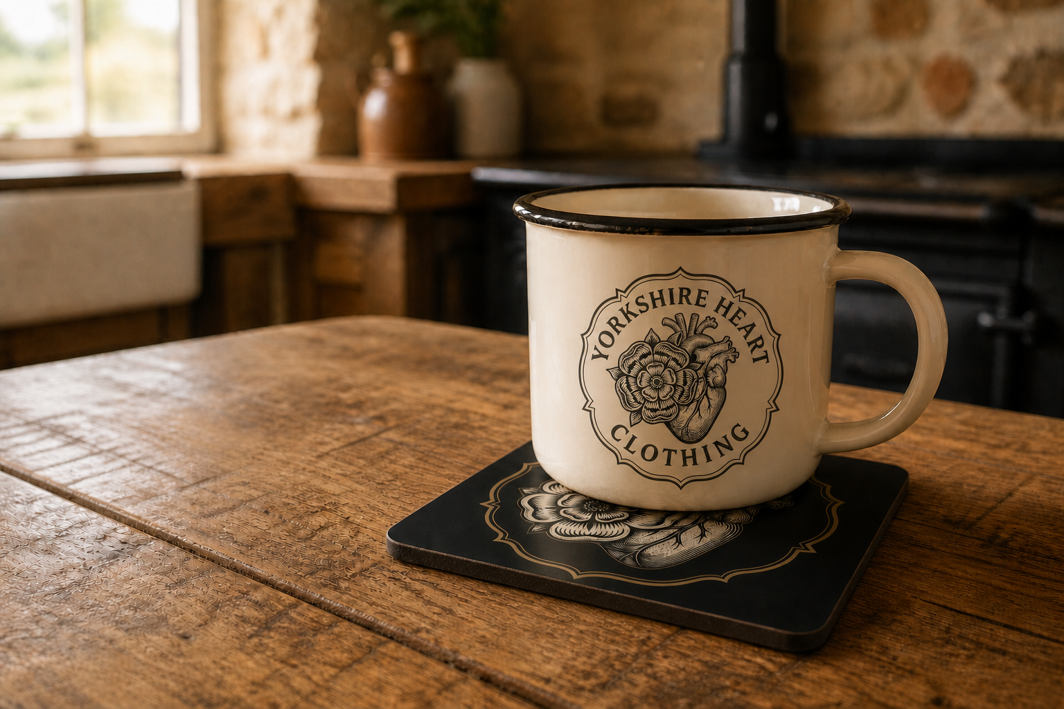Yorkshire Heart coaster on a wooden farmhouse kitchen table with a dark cream enamel mug