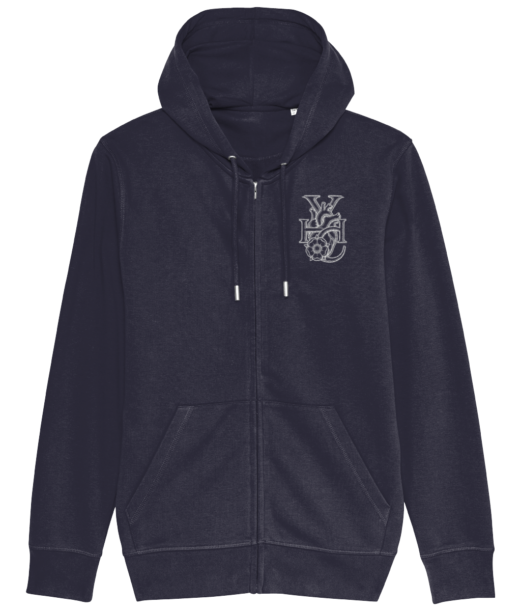 French navy Yorkshire Heart Clothing unisex medium-fit zip-through hoodie with chest emblem