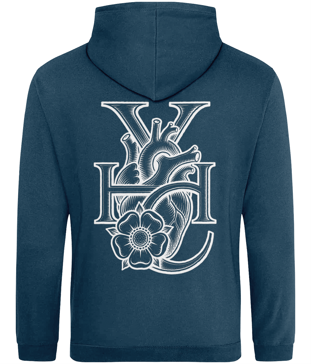 Ink Blue limited-edition pullover hoodie showing the back printed design