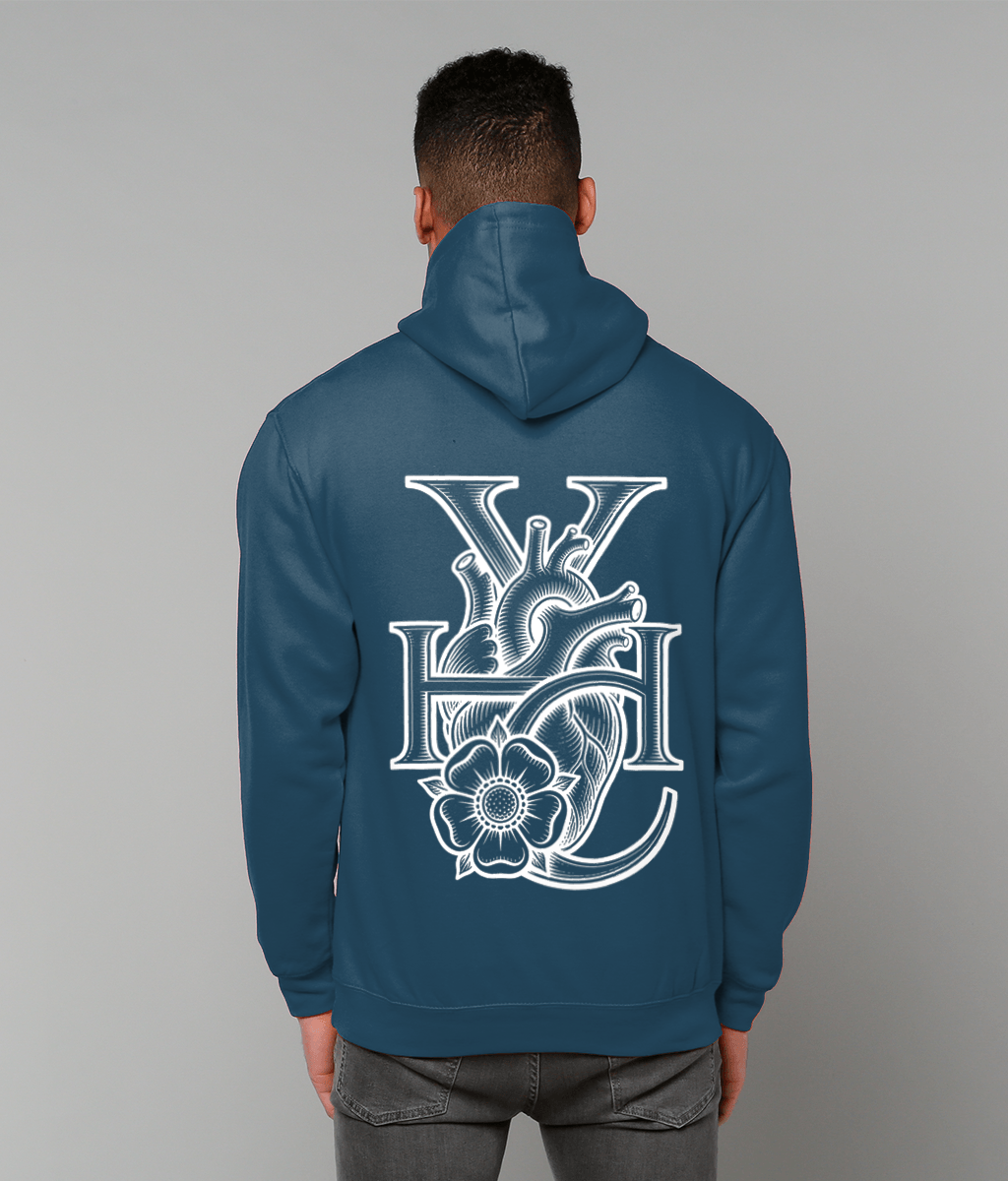 Ink Blue limited Yorkshire Heart hoodie shown from the back on a male model
