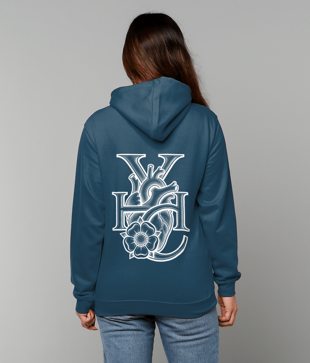 Ink Blue limited Yorkshire Heart hoodie shown from the back on a female model