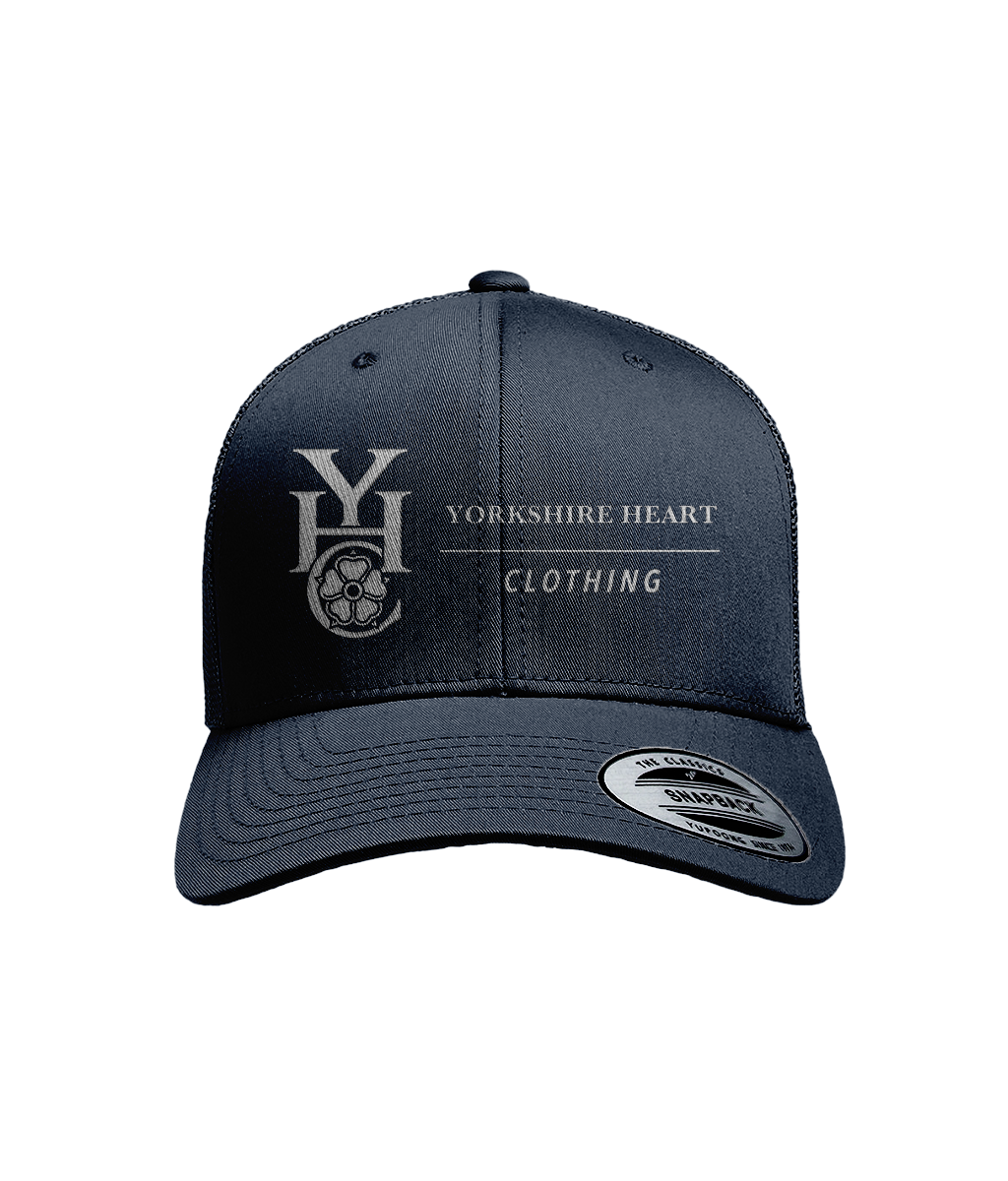 Navy / White Yorkshire Heart Clothing retro trucker cap with white embroidered emblem