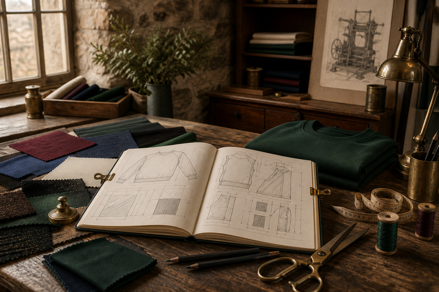 A Yorkshire clothing studio table with garment sketches, fabric swatches and tailoring tools