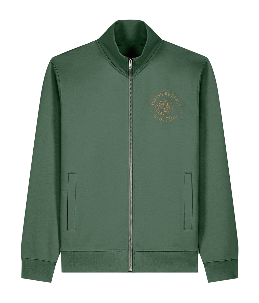 Bottle green Yorkshire Heart Clothing unisex zip-through sweatshirt with chest emblem